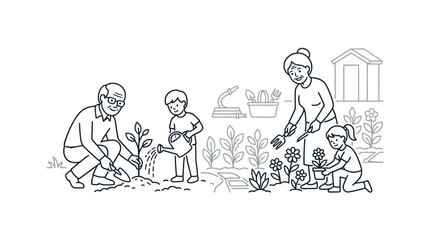 Obraz premium Family Gardening Together Illustration