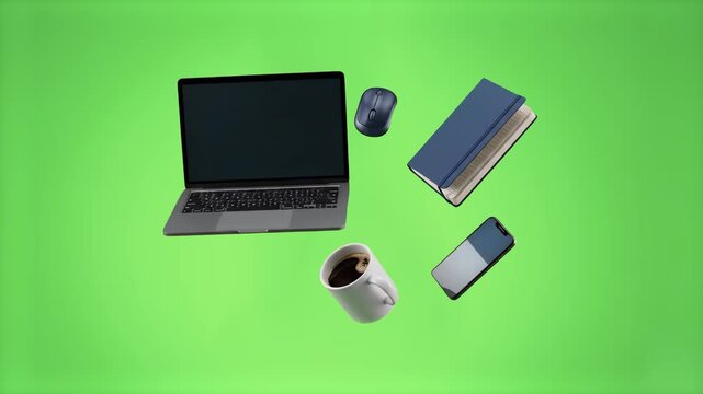 A modern 3D workspace arrangement featuring an open laptop, computer mouse, notebook, smartphone, and a coffee mug levitating above a chroma key green background. Optimized for remote work promos, tec