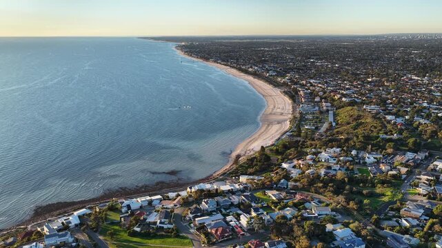 Seacliff, Adelaide, South Australia &ndash; 4K aerial drone footage of sandy beach, Gulf St Vincent coastline, sunset seascape, coastal suburb, beachfront homes, scenic shoreline, Kingston Park, Brighton