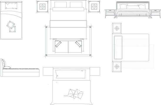 Technical architectural CAD drawing collection of bedroom furniture layouts including single and double beds with nightstands in plan and elevation views.