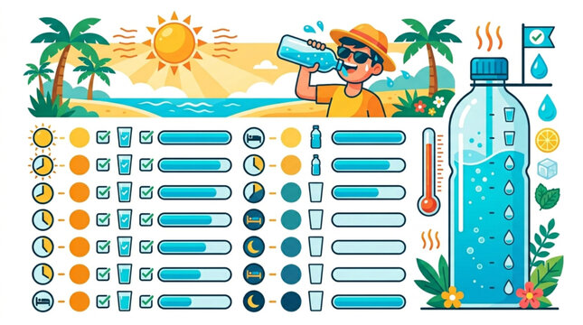 A young man in sunglasses and a hat drinks water on a sunny beach, with infographics showing hydration levels and a large water bottle