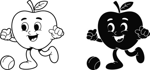 Obraz premium Cartoon apple character playing with a ball in black and white and silhouette versions fruit