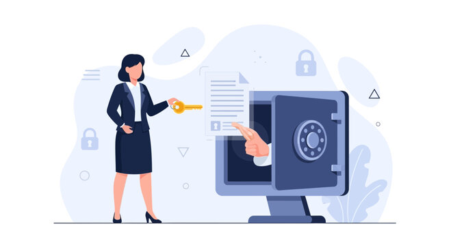 Businesswoman holding key to unlock digital safe with documents inside, concept of data security and access