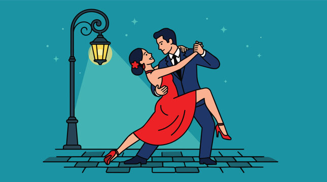 Tango dancers performing dramatic dip at night in minimalist flat vector style for arts and entertainment marketing