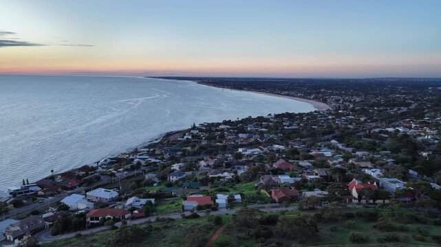 Kingston Park and Seacliff, Adelaide, South Australia &ndash; 4K aerial drone footage of sandy beach, Gulf St Vincent coastline, sunset seascape, coastal suburb, homes, scenic shoreline in Brighton, Marino