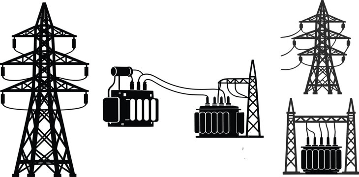 Electrical Transformers and Transmission Towers Silhouettes on White Background untitled