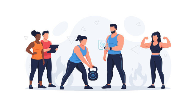 Diverse Fitness Team: Personal Trainers Guiding Clients in Strength Training and Kettlebell Workouts