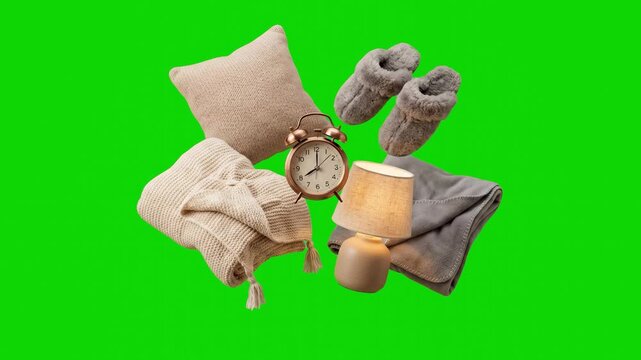 A cozy selection of bedroom essentials including pillows, warm knitted slippers, folded blankets, an alarm clock, and a glowing bedside table lamp floats against a chroma key green background. This 3D