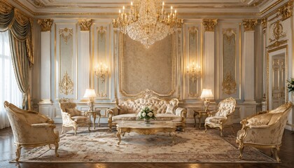 Fototapeta premium Luxurious classic living room with ornate gold interior