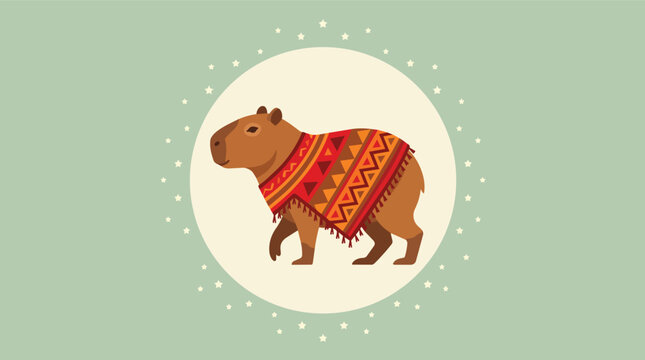 Capybara wearing patterned poncho minimalist flat vector illustration for south american tourism branding