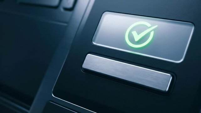 Green check mark on black button panel with finger pressing button symbolizing ai predictive maintenance success and technology system control panel