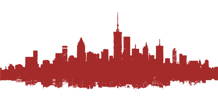 Minimalist dark red metropolitan skyline horizon vector with mirror reflection effect
