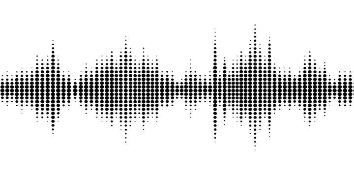 Black and white audio sound wave representation with halftone dot pattern