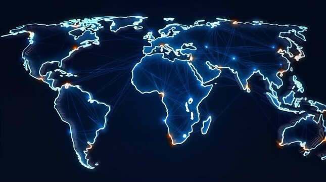 Glowing world map network connections on dark background world map, network connections, glowing lines, global communication, digital map, internet, data flow, technology, cybersecurity, connectivity