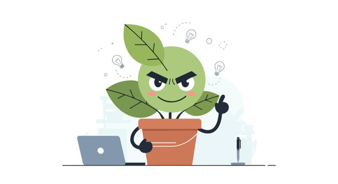 A devious-looking green plant character in a pot stands beside a laptop and pen, surrounded by glowing lightbulb icons representing clever ideas.