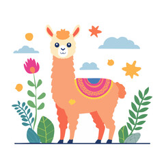 Fototapeta premium Cute llama illustration with flowers and clouds