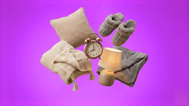 A cozy selection of bedroom essentials including pillows, warm knitted slippers, blankets, an alarm clock, and a glowing bedside table lamp floats against a solid violet background. This 3D graphic as