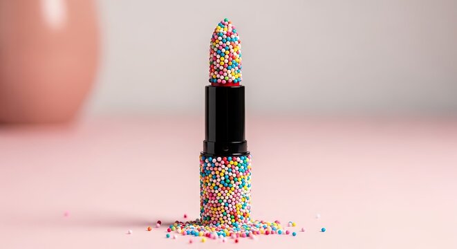 Sweet Playful Lipstick Adorned with Colorful Candy Sprinkles on a Pink Surface