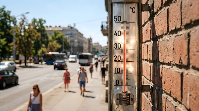Outdoor Thermometer Showing Extreme Summer Heat on a City Street with Blurred Pedestrians Walking in the Background