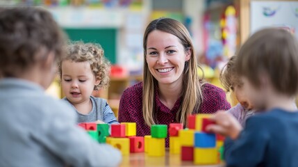 Obraz premium Smiling woman and children playing with colorful blocks in classroom
