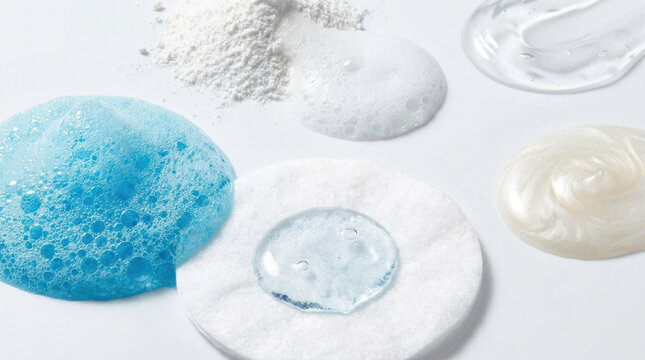 Skincare cleanser serum gel foam cream cosmetic texture bubble Soft blue foam clear gel white cream powder and serum droplet cotton pad minimal skincare background for beauty routine hygiene