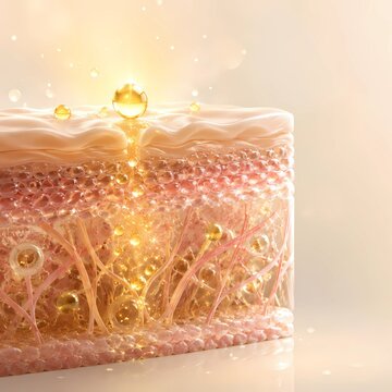 Advanced skin barrier biotechnology and cellular repair concept, 3D cross-section illustration of dermis layer regeneration with glowing light effect