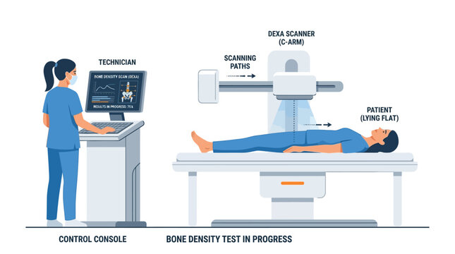 Flat medical illustration of a technician performing a DEXA bone density scan on a patient lying on a diagnostic examination table
