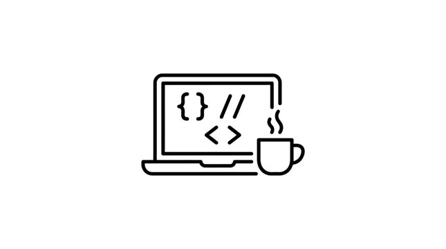 Programming Laptop with Coffee Cup Line Icon