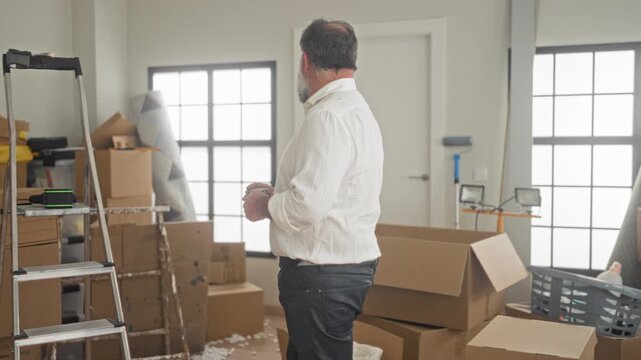 Man with hoary beard holding coffee cup while packing cardboard moving boxes beside ladder in building; reflection transition.
