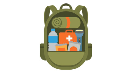 Fototapeta premium Green survival backpack illustration filled with emergency essentials such as first aid kit flashlight and water bottle for preparedness