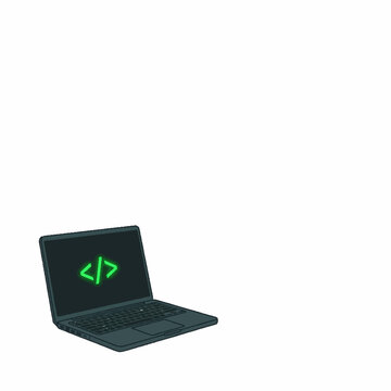 Modern black laptop computer displaying green programming code brackets on screen.