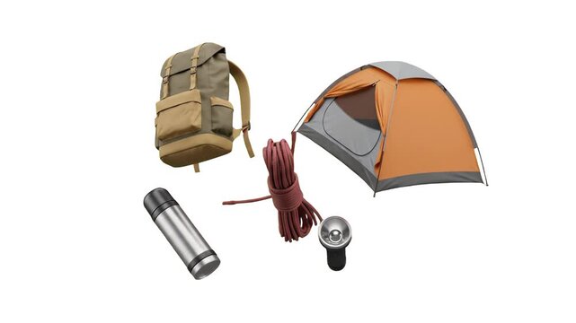 A curated selection of outdoor adventure equipment, featuring a tourist tent, a tactical backpack, a metallic thermos, a climbing rope, and a camping flashlight, hovering in a clean arrangement. Set a