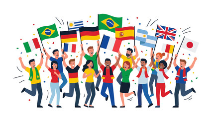 Fototapeta premium Diverse Group of Joyful People Celebrating Global Unity with Various International Country Flags and Confetti