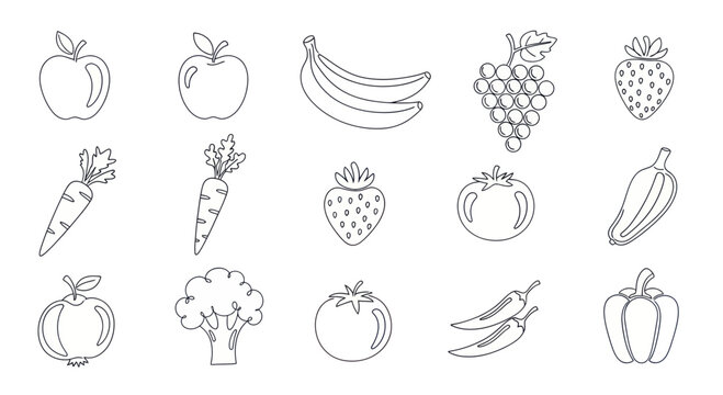 Outline drawings of various fruits and vegetables, including apples, bananas, grapes, strawberries, carrots, tomatoes, peppers, broccoli, and chili peppers.