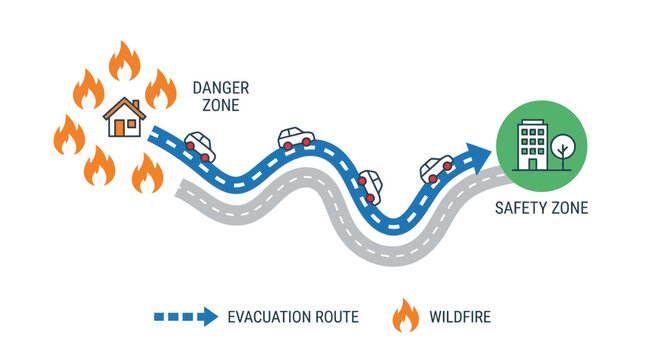 Infographic vector illustration of wildfire evacuation route from danger zone to safety zone