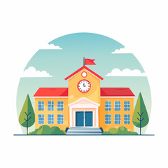 Fototapeta premium Flat design school building with clock and flag