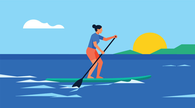 Stand up paddleboarding woman balancing at sunrise in minimalist flat vector illustration for adventure travel marketing