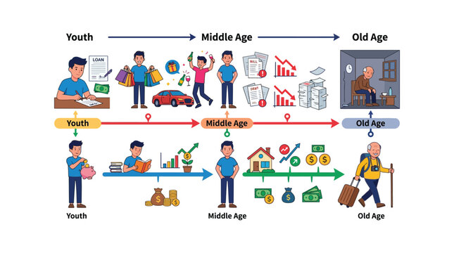 Financial progression timeline contrasting smart saving versus reckless spending.
