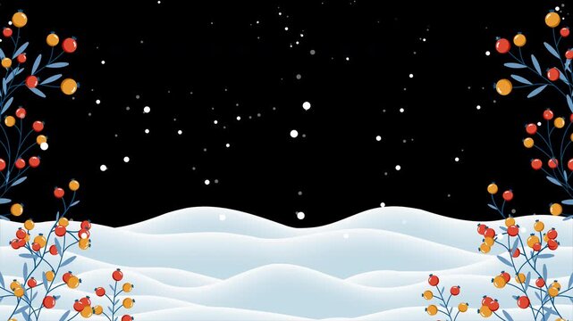 Winter background with branches and berries animation. Falling snow with snowflakes. Winter snowy background for banner, poster, wallpaper, greeting card, advertising