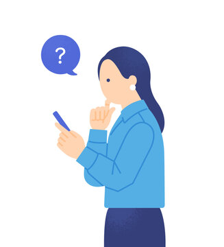 スマートフォンを見ながら顎に手を当てて考え込む女性のビジネスパーソン