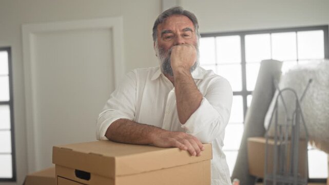 Man with gray beard leaning on cardboard box, hand to chin, surrounded by packing boxes dolly and bubble wrap inside building; contentment.