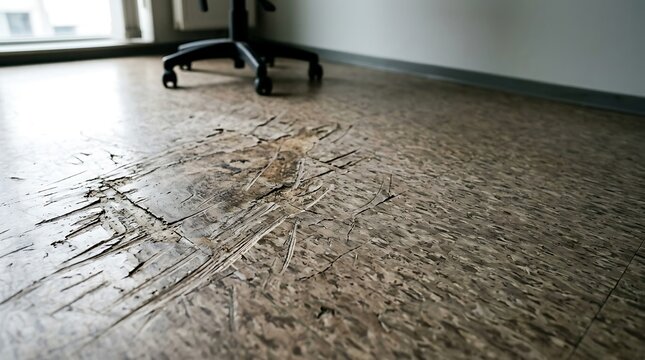 Damaged office floor with scratches from rolling chair wheels