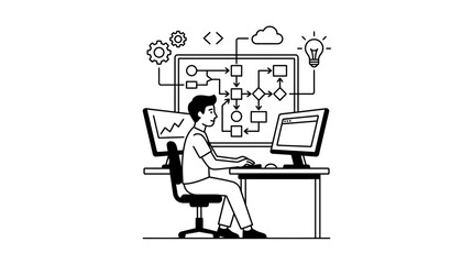 Fototapeta premium Software Developer Planning Workflow and Coding at Computer