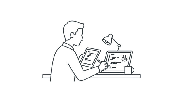 Software Developer Debugging Code on Laptop and Tablet