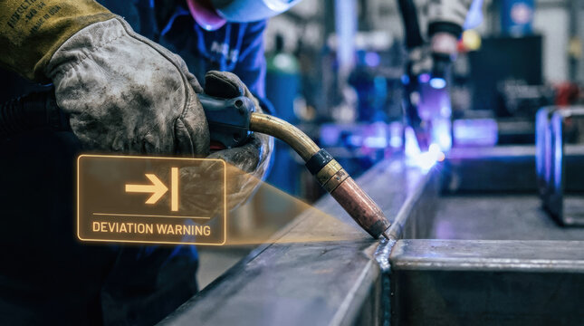 Welding torch with gloved hand performing metalwork predictive maintenance using ai technology for deviation warning in industrial factory