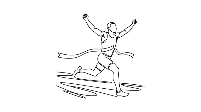 Runner crossing finish line, winning race, arms raised in victory, continuous line art