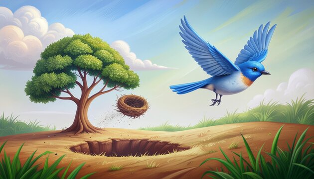 Simple Science Concept Illustration of a Bird Flying Away from Tree with Nest and Digging Hole in Ground