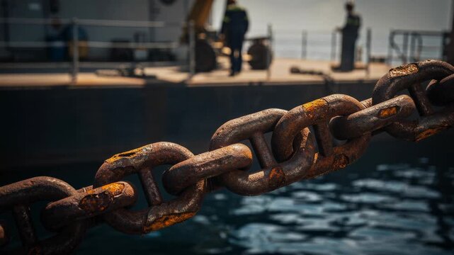 Close up view of a heavy rusted chain on a dock by the water with blurred figures in background