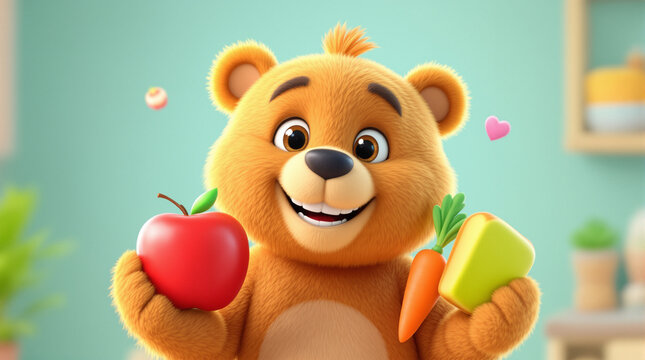 Simple Science Concept Illustration of a Happy Bear Eating Healthy Food
