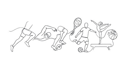 Diverse Sports Activities Line Art Collage: Running, Cycling, Tennis, Soccer, Ballet, Basketball © Atul